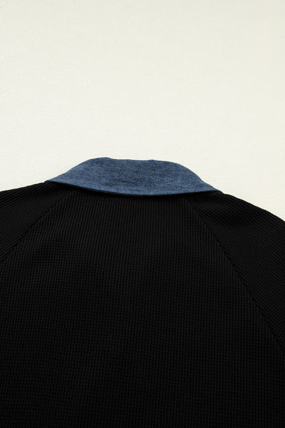 Black Textured Knit Denim Patchwork Button Polo Collar Long Sleeve Top