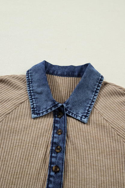 Beige Ribbed Knit Denim Patchwork Button Polo Collar Cuffed Long Sleeve Top