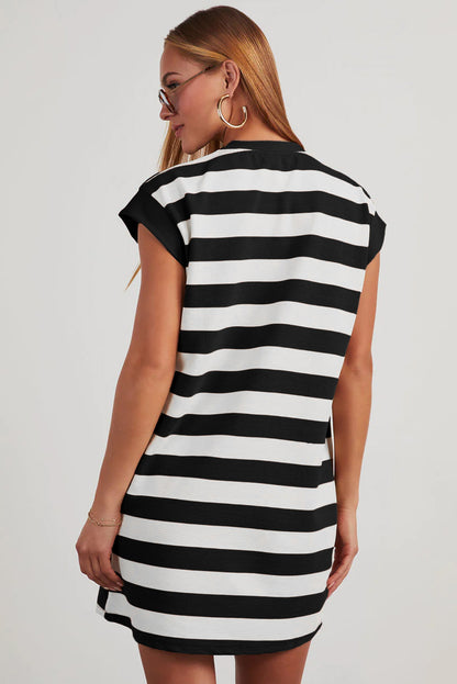 Khaki Stripe Cap Sleeve Shift T Shirt Dress