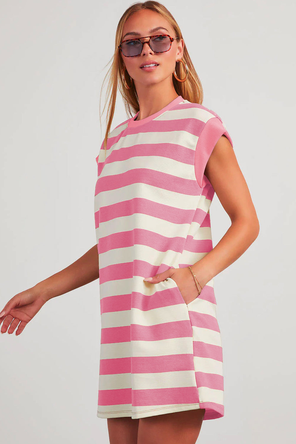 Khaki Stripe Cap Sleeve Shift T Shirt Dress