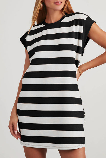 Khaki Stripe Cap Sleeve Shift T Shirt Dress