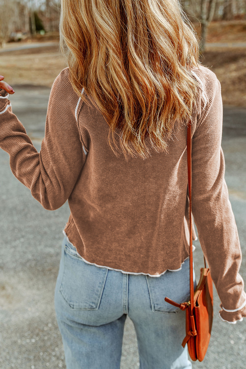 Brown Textured Round Neck Long Sleeve Top