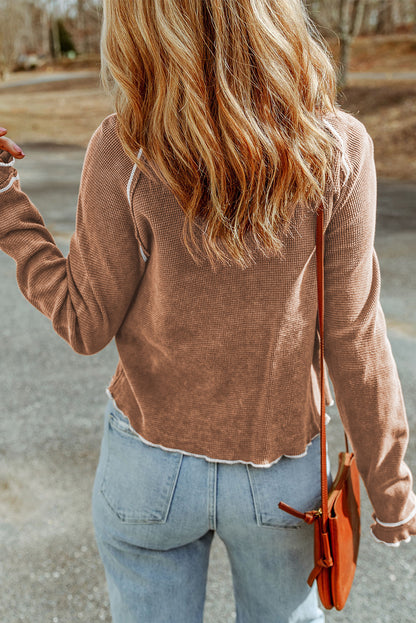 Brown Textured Round Neck Long Sleeve Top
