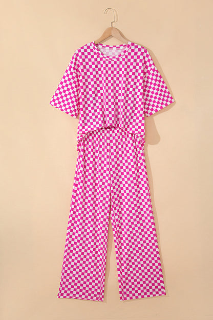 Khaki Checkered Print Half Sleeve Tee 2pcs Lounge Pant Set