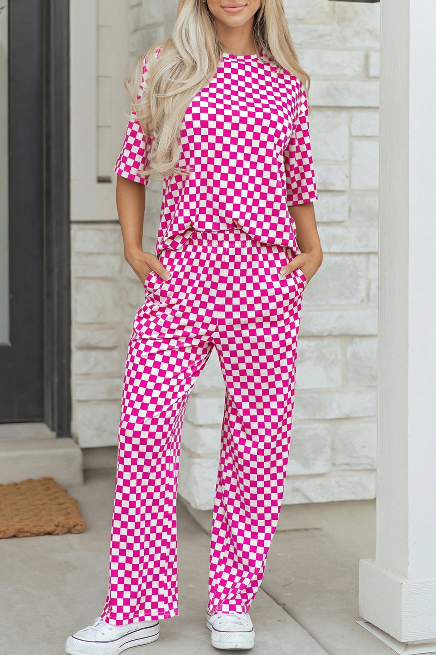 Khaki Checkered Print Half Sleeve Tee 2pcs Lounge Pant Set