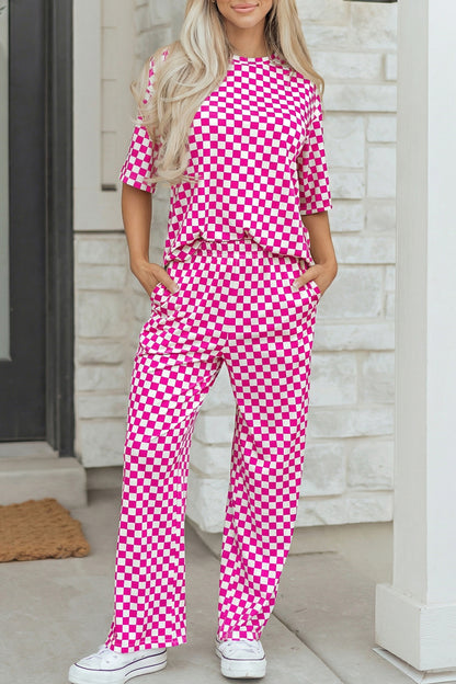 Khaki Checkered Print Half Sleeve Tee 2pcs Lounge Pant Set