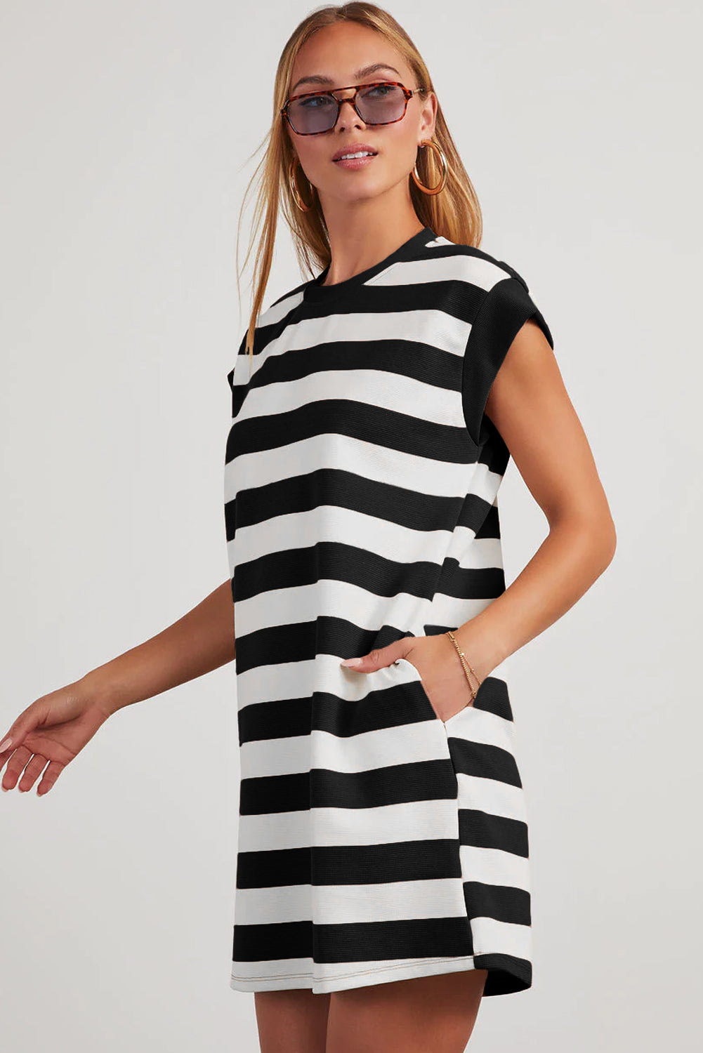 Khaki Stripe Cap Sleeve Shift T Shirt Dress