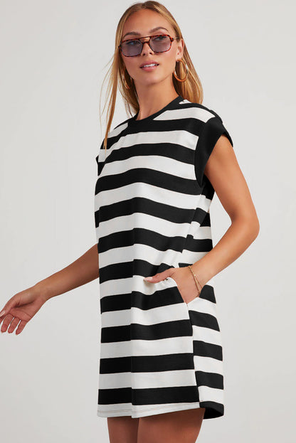 Khaki Stripe Cap Sleeve Shift T Shirt Dress