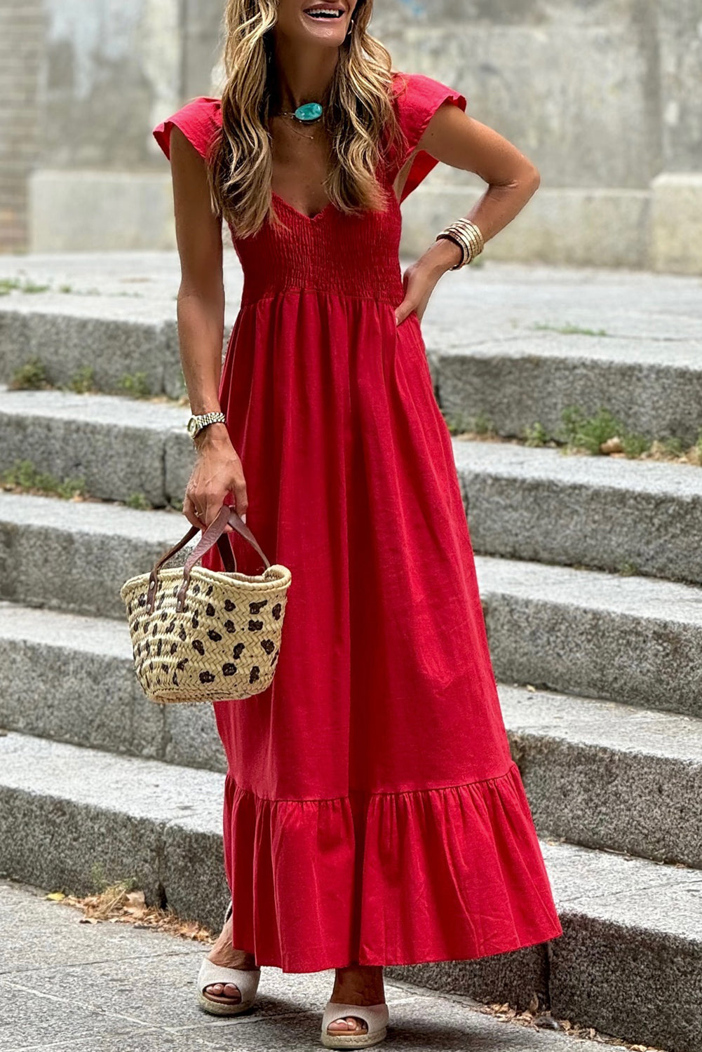 Black V Neck Flutter Sleeve Smocked Bodice High Waist Ruffle Maxi Dress