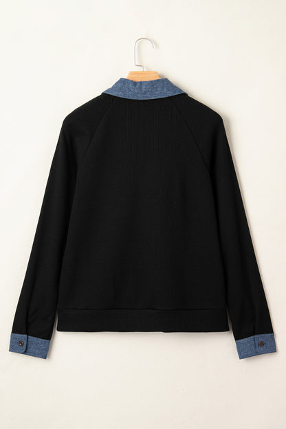 Black Textured Knit Denim Patchwork Button Polo Collar Long Sleeve Top
