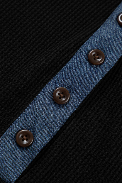 Black Textured Knit Denim Patchwork Button Polo Collar Long Sleeve Top