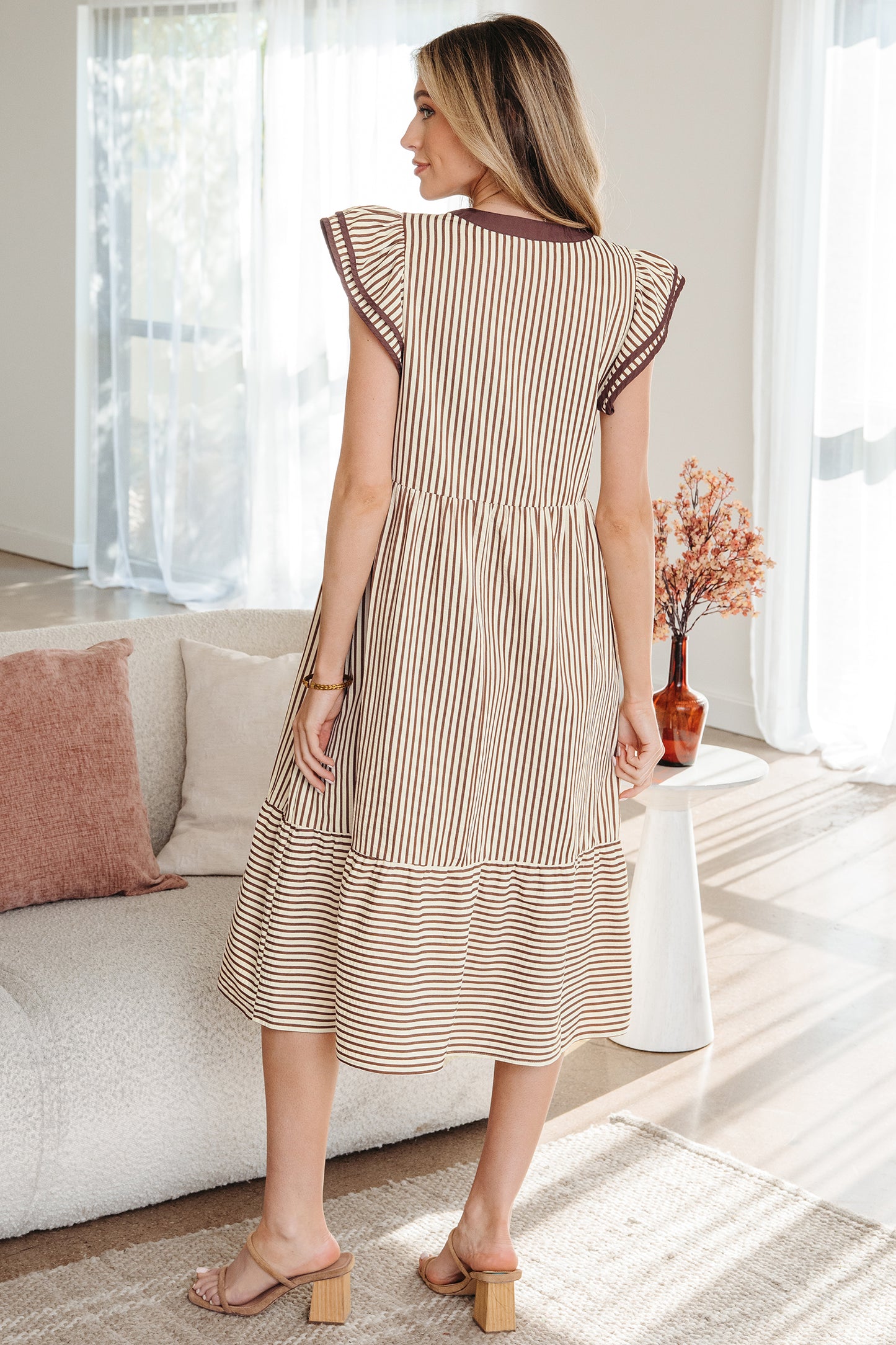 Black Stripe Double Ruffled Short Sleeve Contrast Trim V Neck Midi Dress