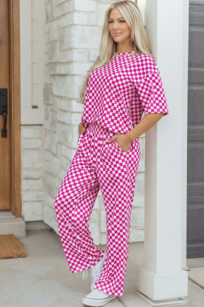 Khaki Checkered Print Half Sleeve Tee 2pcs Lounge Pant Set