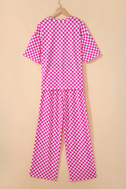 Khaki Checkered Print Half Sleeve Tee 2pcs Lounge Pant Set
