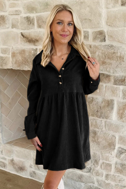 Dearlovers Oatmeal Corduroy Half Button Collared Long Sleeve Mini Dress