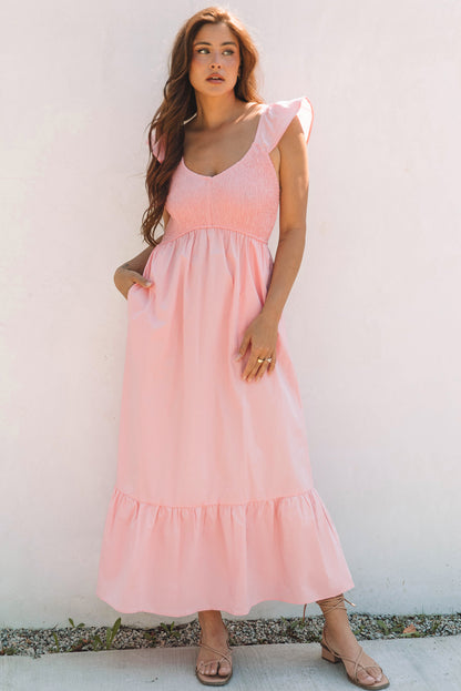 Black V Neck Flutter Sleeve Smocked Bodice High Waist Ruffle Maxi Dress