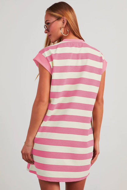 Khaki Stripe Cap Sleeve Shift T Shirt Dress